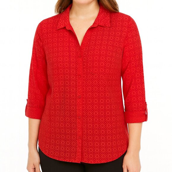 Ann Taylor Factory Tops - Ann Taylor Red Geometric Semi-Sheer Button-Up Shirt, size 10